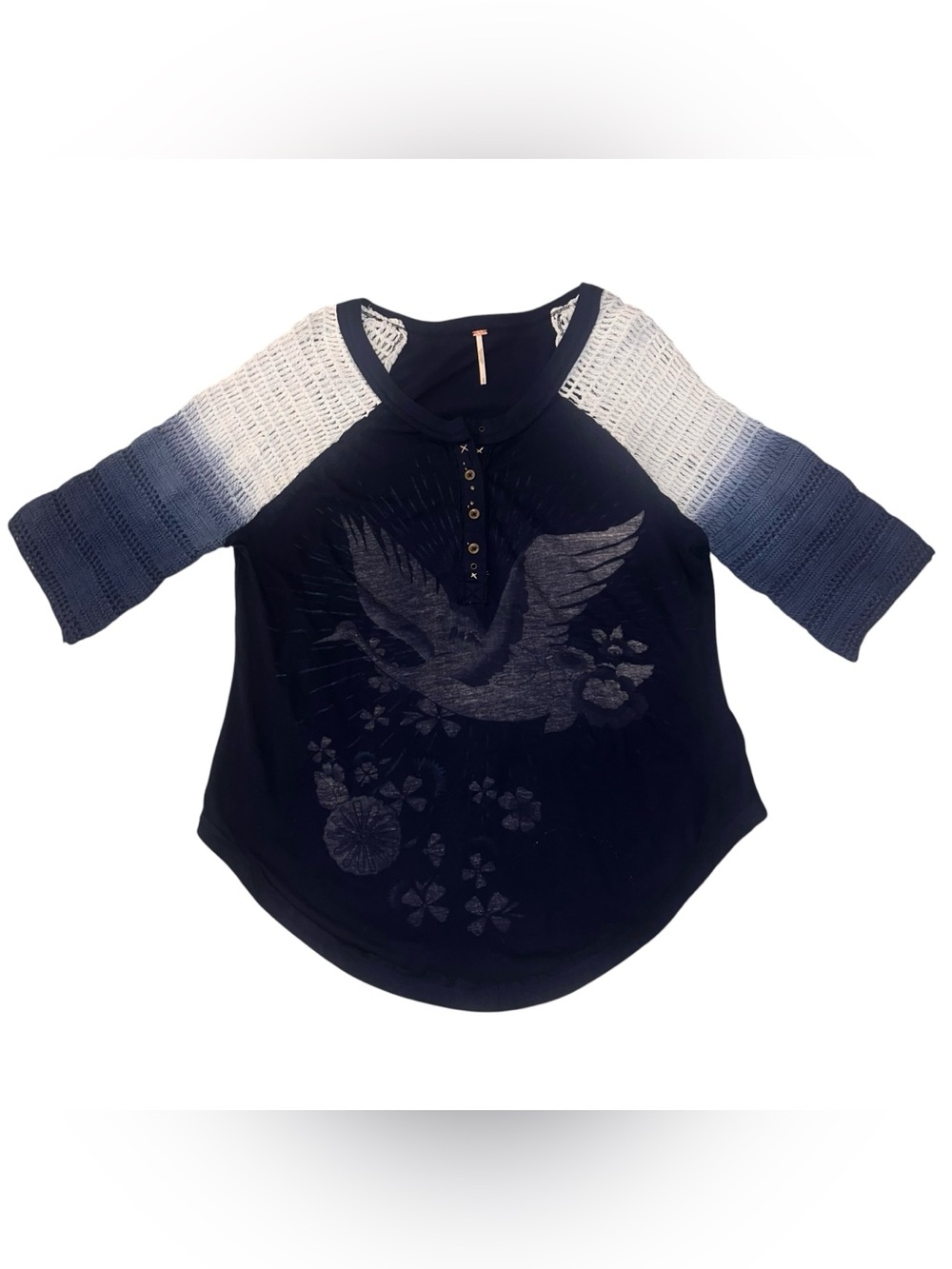 EUC Free People Tranquility Cotton Graphic Crochet Sleeve Top Navy Blue Small